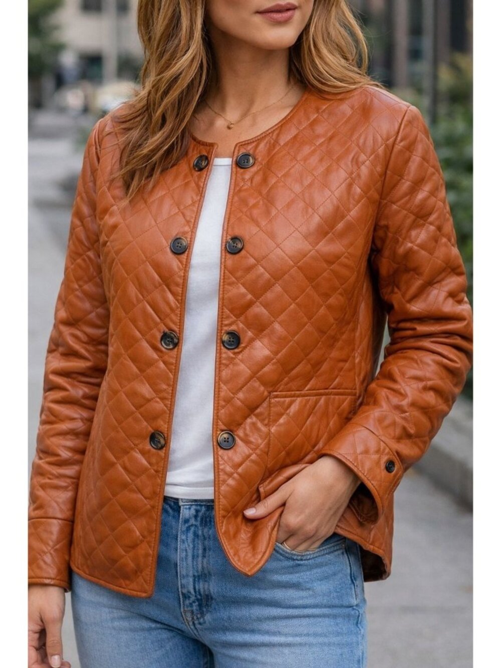 Marla Wynne Collection Womens Quilted Faux Leather Jacket Brown Button Up